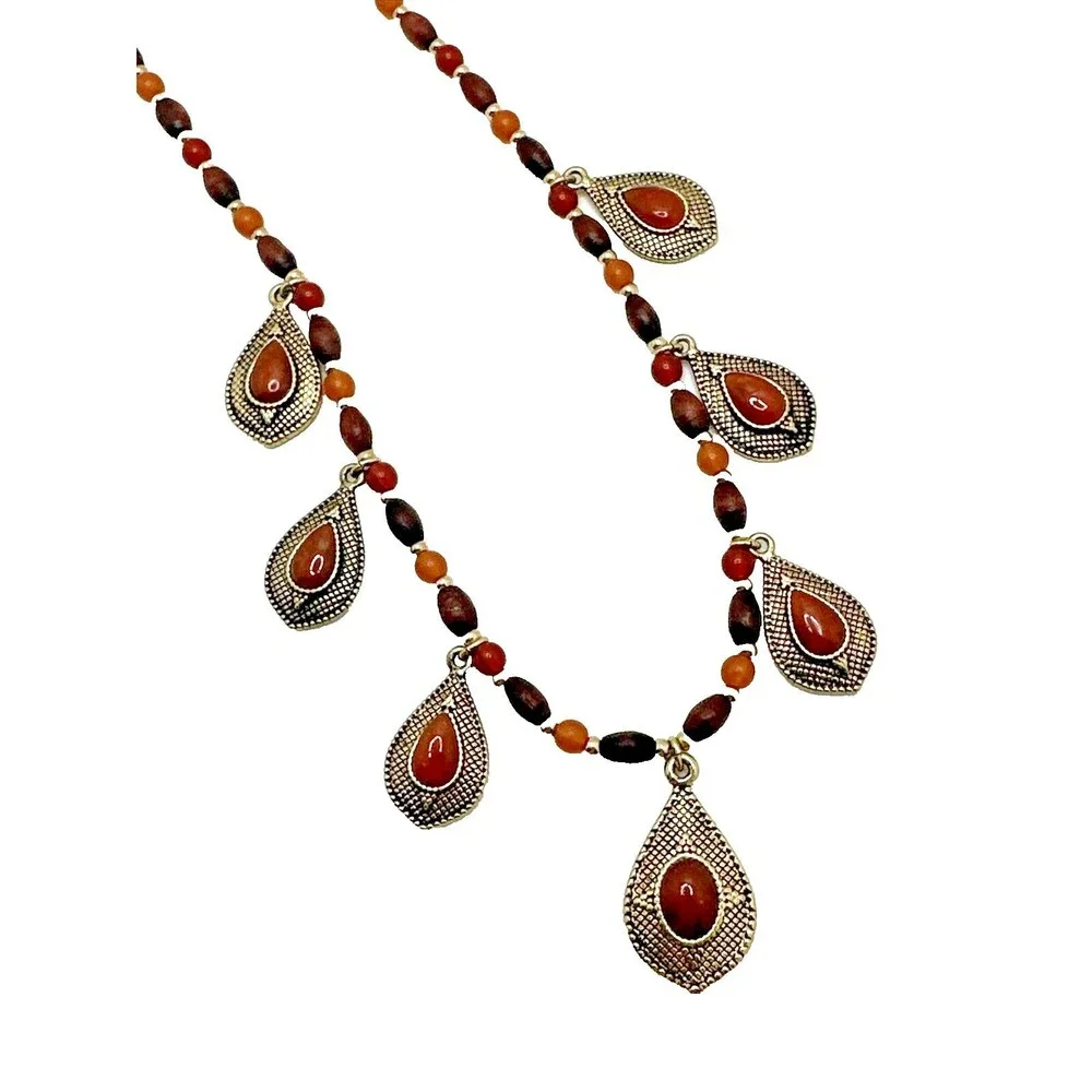 Chaps Necklace Wood Bead Earth Tone Red Dangle Statement Boho 18-20